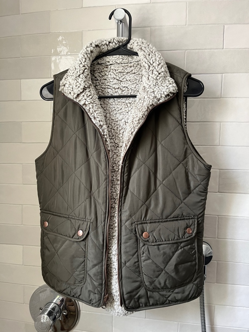 Quilted Sherpa-Lined Vest in Olive Green